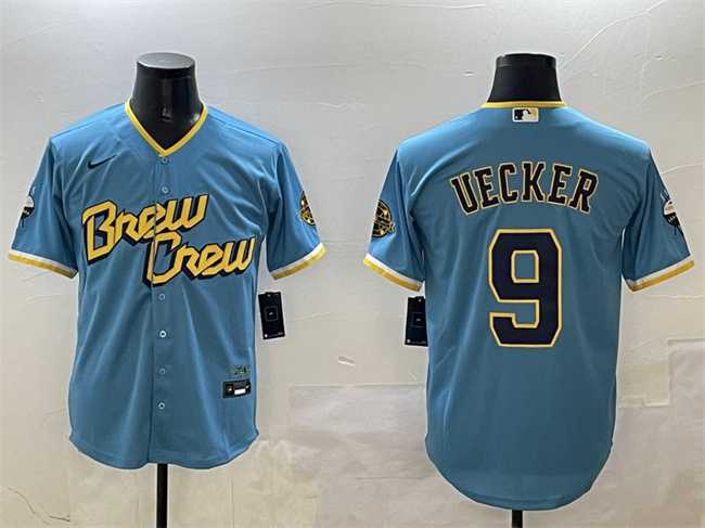 Mens Milwaukee Brewers #9 Bob Uecker Powder Blue City Connect With Patch Cool Base Stitched Jersey->milwaukee brewers->MLB Jersey
